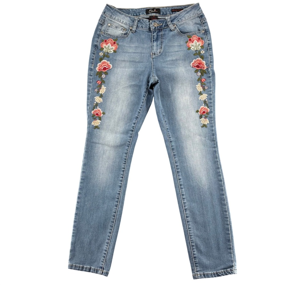 Earl Jean Skinny Ankle Womens 6 Blue Cotton Blend Floral Embroidered Jeans